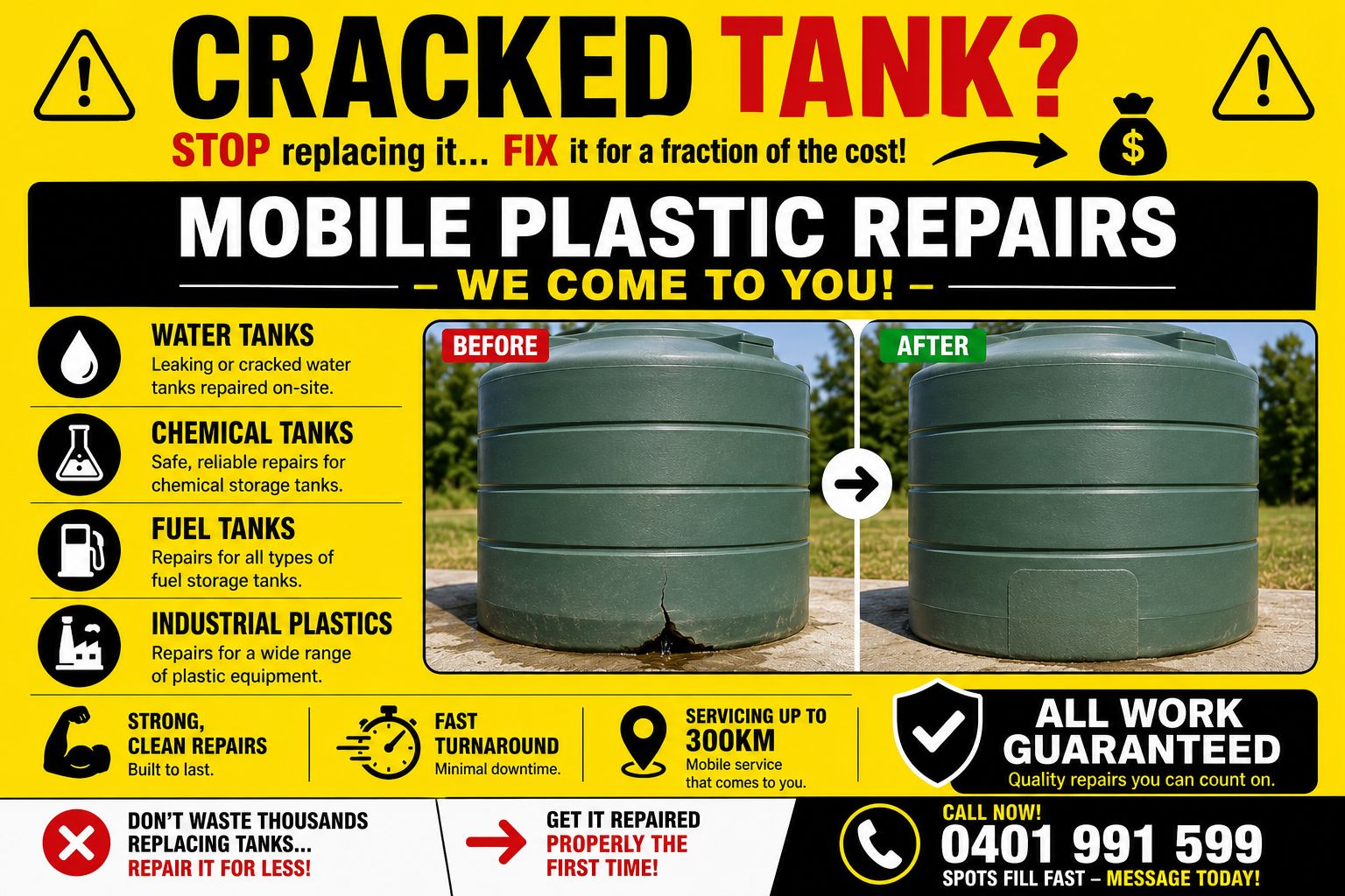 Before and after tank repair