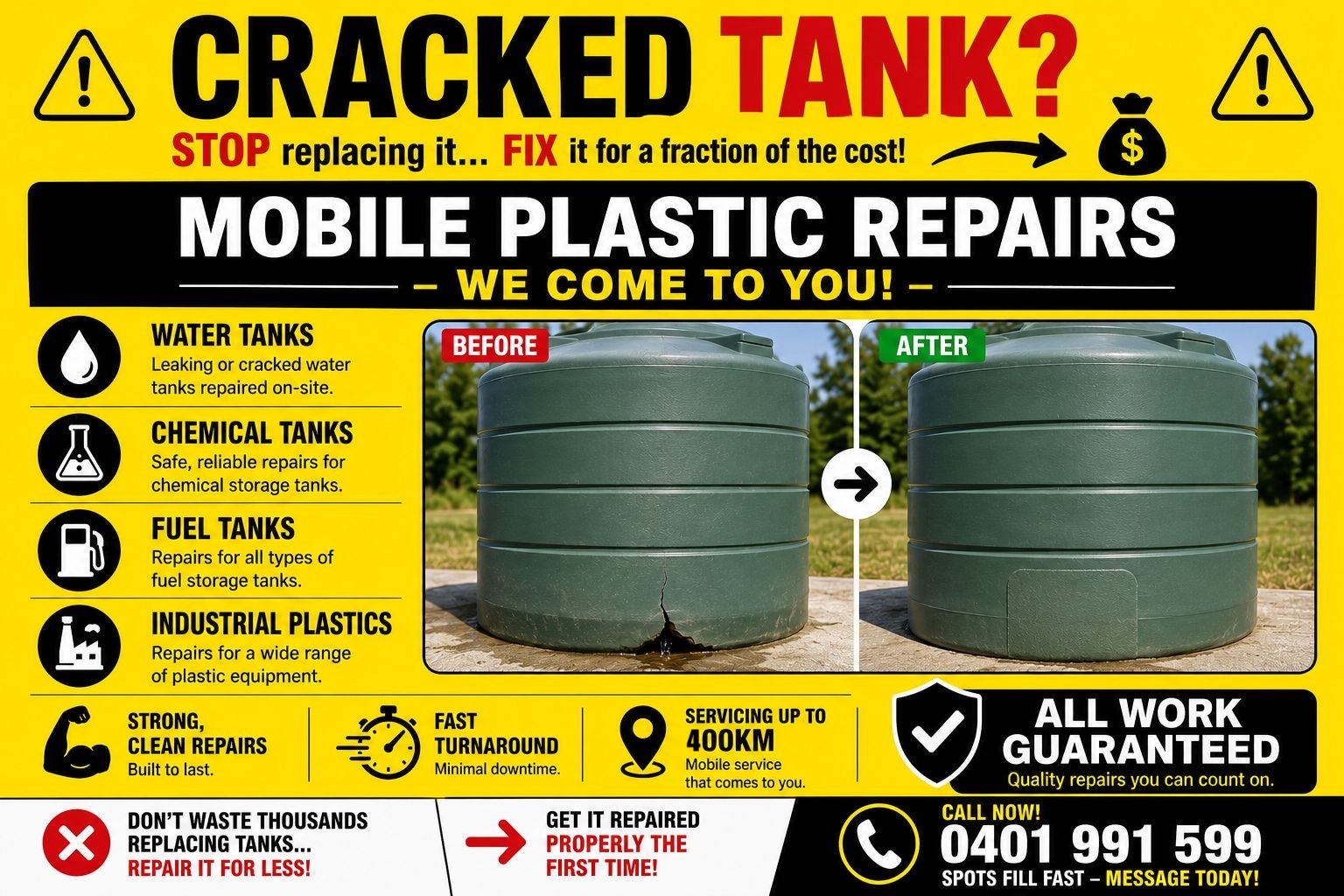 Before and after tank repair
